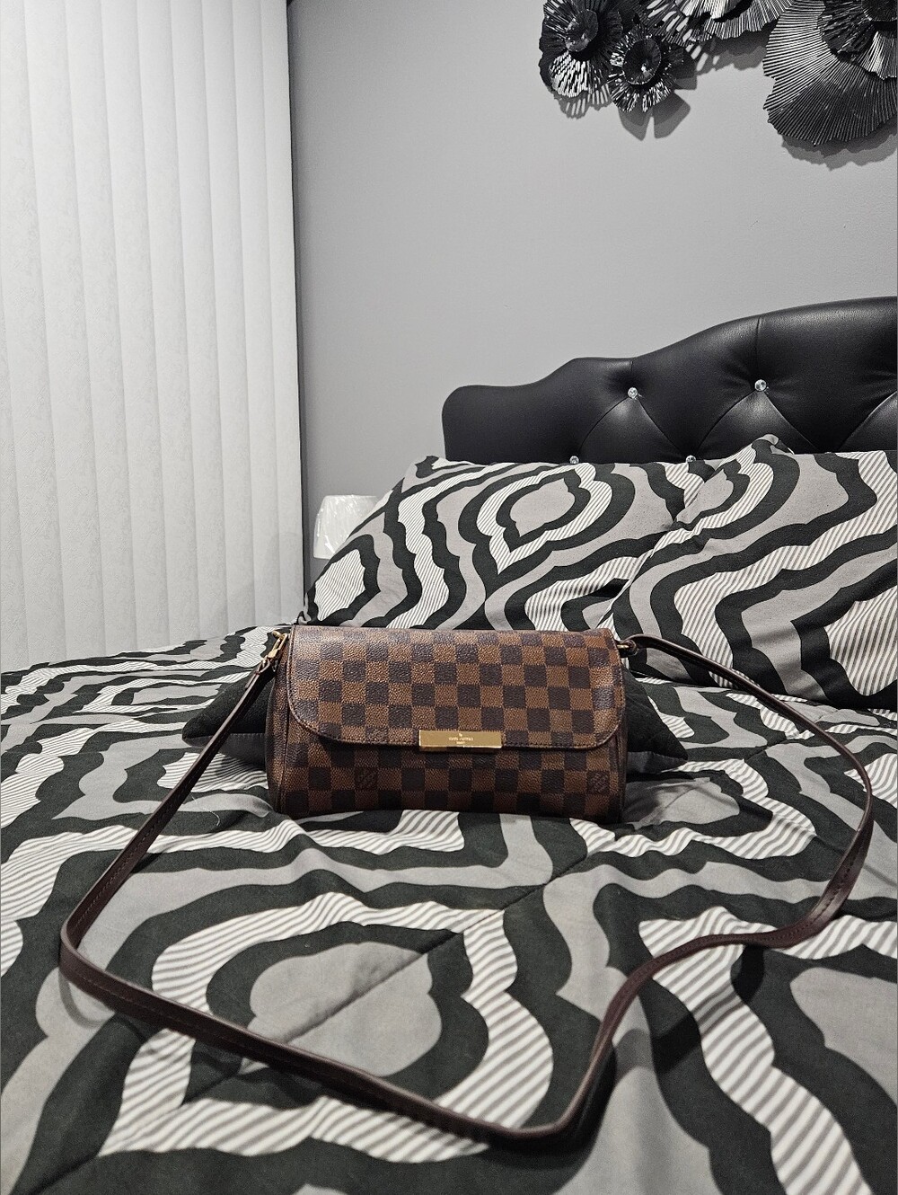 Brown Checkered Crossbody Bag with Pom Pom - Picture 2 of 9